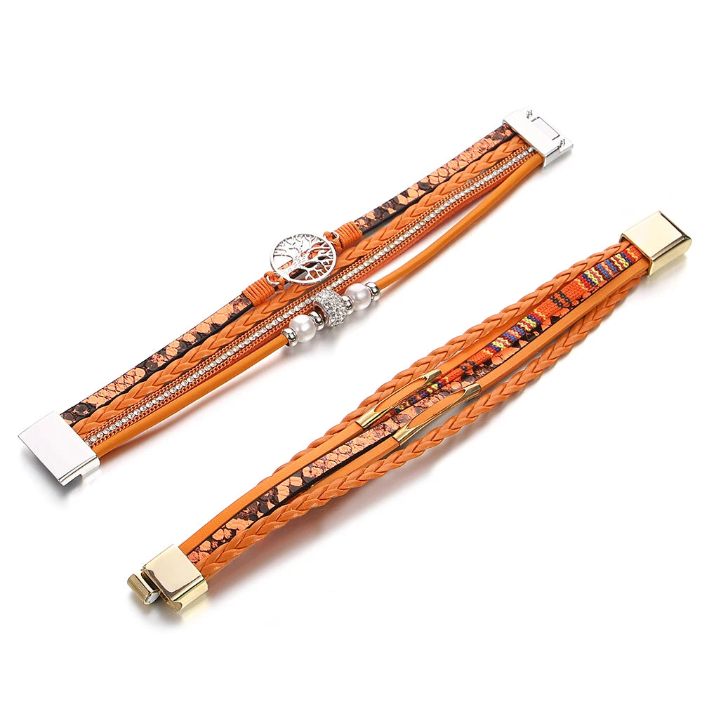 Amorcome Retro Tree of Life Orange Leather Bracelet Women Fashion Rhinestone Imitation Pearl Multi Layer Wove Bracelet Gifts