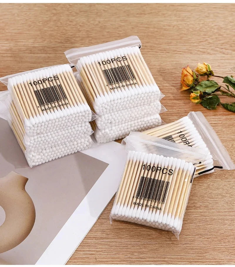 Cotton Swab Storage Box Double Head Wood Baby Cotton Swabs Transparent Square Bamboo Cover Cotton Buds Toothpick Organizer