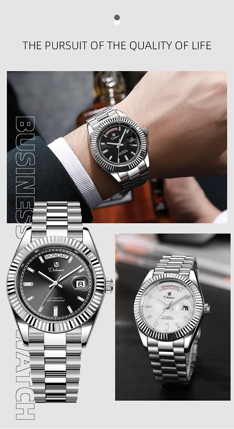 Dulunwe Automatic Watches for Men Day Date Classic 41MM Retro Mechanical Wristwatch 3ATM Waterproof Screw-in Crown Design