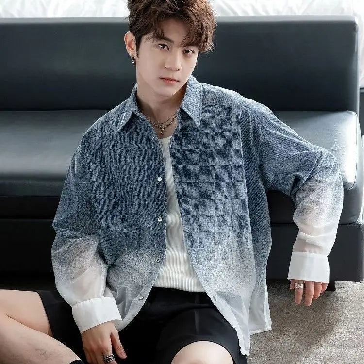 Summer Sun Protection Versatile Lightweight Long Sleeve Shirt Gradient Denim Men's Fashion Trendy Loose Top