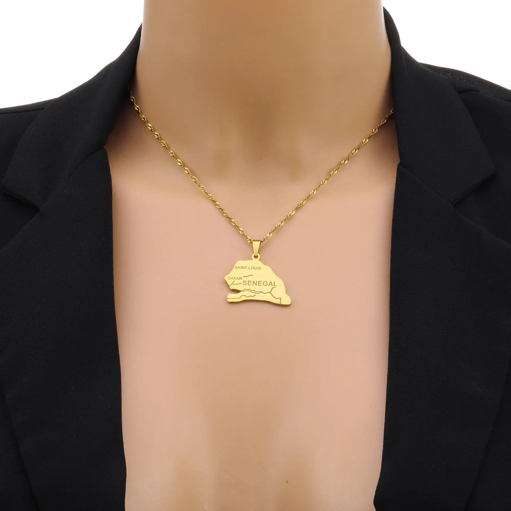 African Sénégal Map Flag Pendant Necklace Stainless Steel Men Women Senegal Maps Jewelry Gift