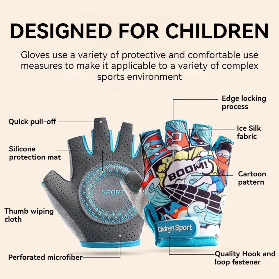 GTUBIKE Half-Finger Kids Sport Bike Gloves - Non-Slip Fingerless Kids Cycling Climbing Gloves for Boys and Girls Age 2-12