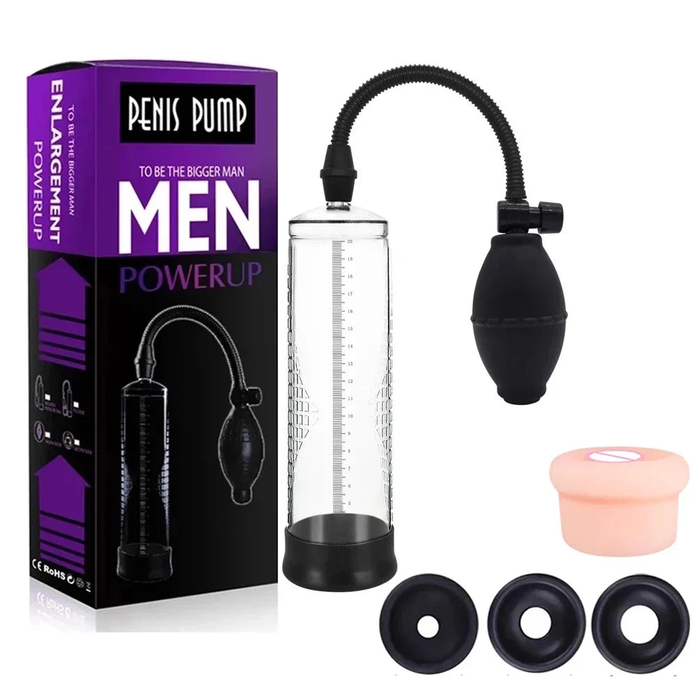 Effective Penis Pump for Men Enlargement Vacuum Dick Extender with Pressure Gauge Realistic Vaginal Sleeve 3 Silicone Inserts