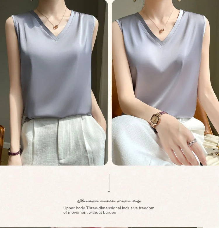 V-Neck Silk Vest Women's Summer Short Sleeved Top Acetate Satin Sleeveless Summer Shirt T-Shirt Loose Suspender Base YTM A39