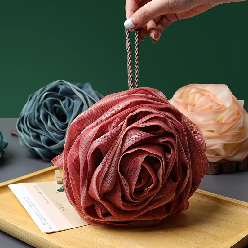 1Pc Rose-Shaped Bath Flower Foaming Net, Soft Mesh Bath Sponge Ball, Elastic Mesh Hanging Rope Design, Body Exfoliating Bath Flower, Nylon Cleaning Brush Bath Puff for Body Cleansing