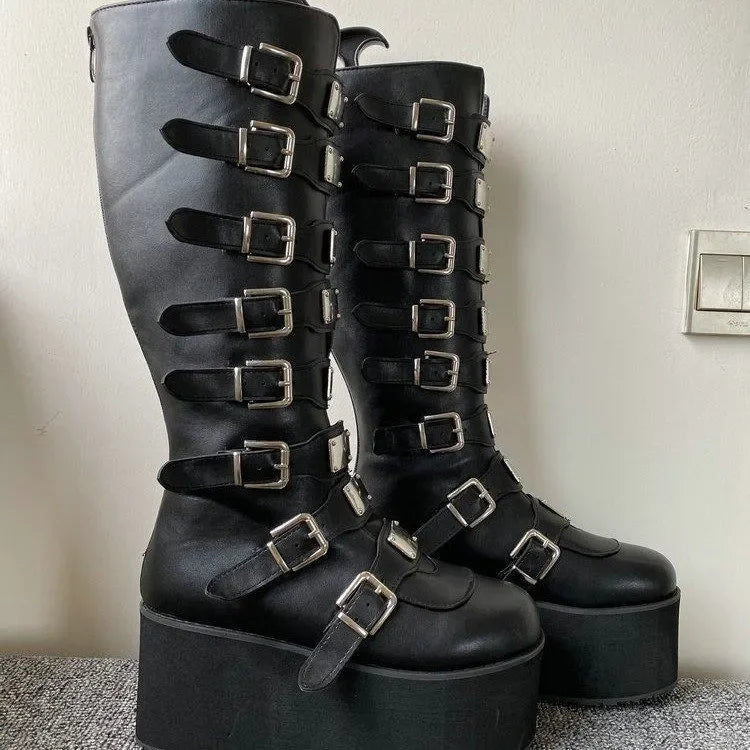 Women Boots Cosplay Ladies High Heel Platform Wedges Women High Boots Gothic Buckle Strap Long Tube Leather Female Boots Plus Si