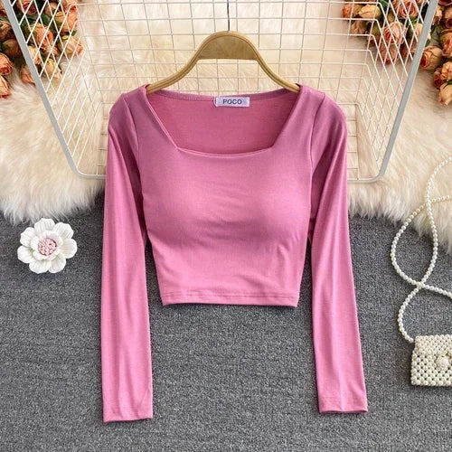 T-shirts For Women With Built In Bra T Shirts Womens Long Sleeve O-neck Tees Female Casual Korean Fashion Almighty Dropshipping