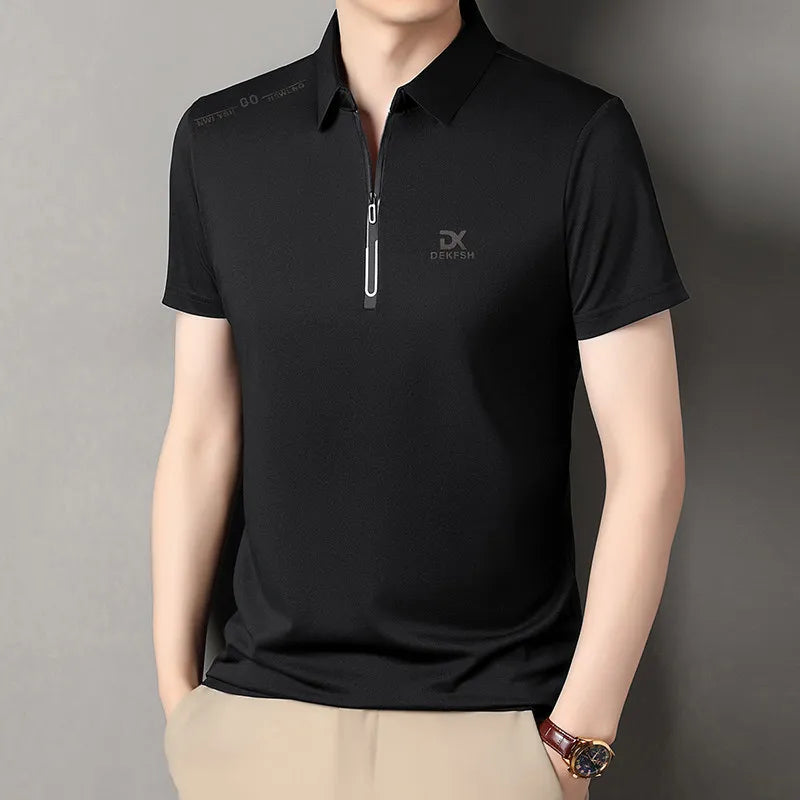New Men's Business Casual Zipper Short Sleeve Solid Color Polo Shirt Fashionable Warm Comfortable Four Seasons Versatile Top