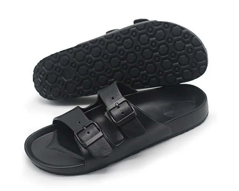 Shevalues Summer Flat Slippers For Women Men 2025 New Thick Sole Sandals With Double Buckle Fashoin Outdoor Antiskid Beach Slide