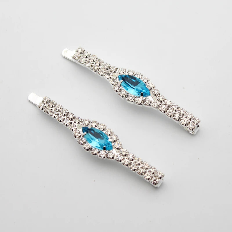 1 Pair Korean Fashion Rhinestone Hair Accessories Sky Blue Crystal Hair Barrette Clip Diamante Hairclip For Women Girls