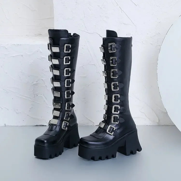Women Boots Cosplay Ladies High Heel Platform Wedges Women High Boots Gothic Buckle Strap Long Tube Leather Female Boots Plus Si