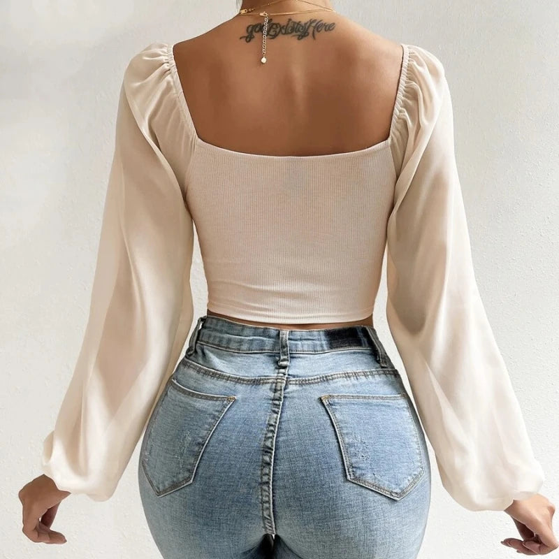 Woman Chiffon Knit Tshirts Long Puff Sleeve Sexy Close-Fitting T-shirt Spring Autumn V-neck New Fashion Solid Simple Tops Tees