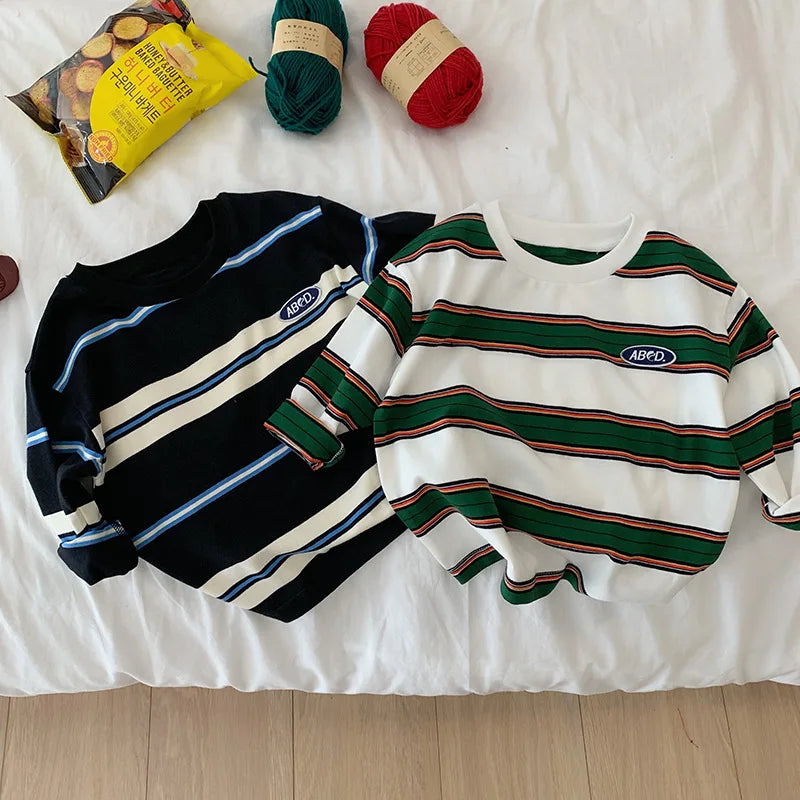 2025 autumn Children Clothes Girls Long Sleeves Bottoming Shirts Cool Boys Stripe Cotton T-shirt Teen Loose Casual 2-7y Kids Top