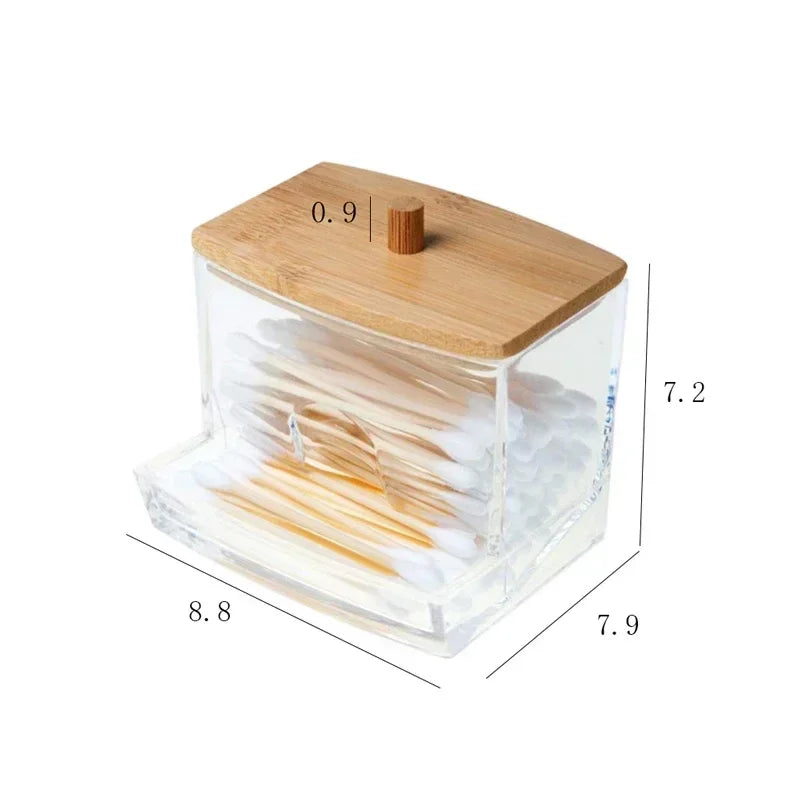 Square Bamboo Cover Double Head Cotton Swab Storage Box Cotton Buds Container Transparent Cotton Swab Toothpick Organize Box