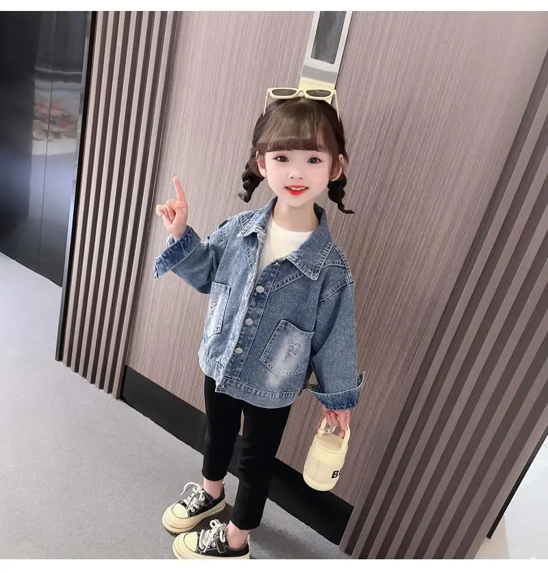 Kids Girls Denim Coat 2024 Spring and Autumn Jacket New Children's Cartoon Casual Jacket Baby Top Fashionable