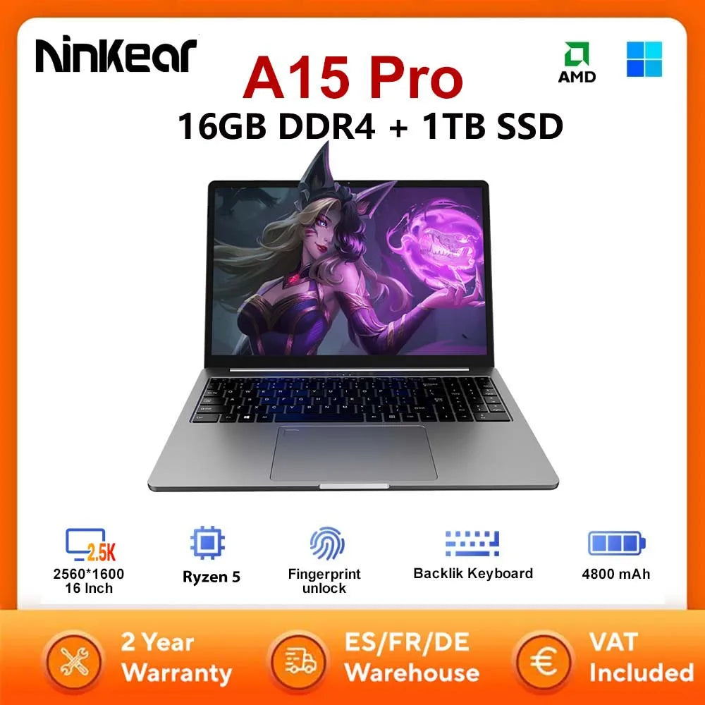 Ninkear A15 Pro Laptop 16GB 1TB AMD Ryzen 5 5500U 16 inch 120Hz 2560*1600 Display Screen Fingerprint Unlock Notebook Computer