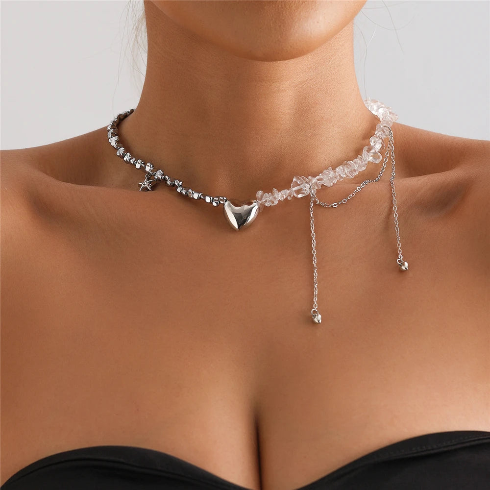 Trendy Irregular Crystal Beaded Necklace INS Style Elegant Starfish Tassel Necklace Luxury Heart Pendant Choker for Women