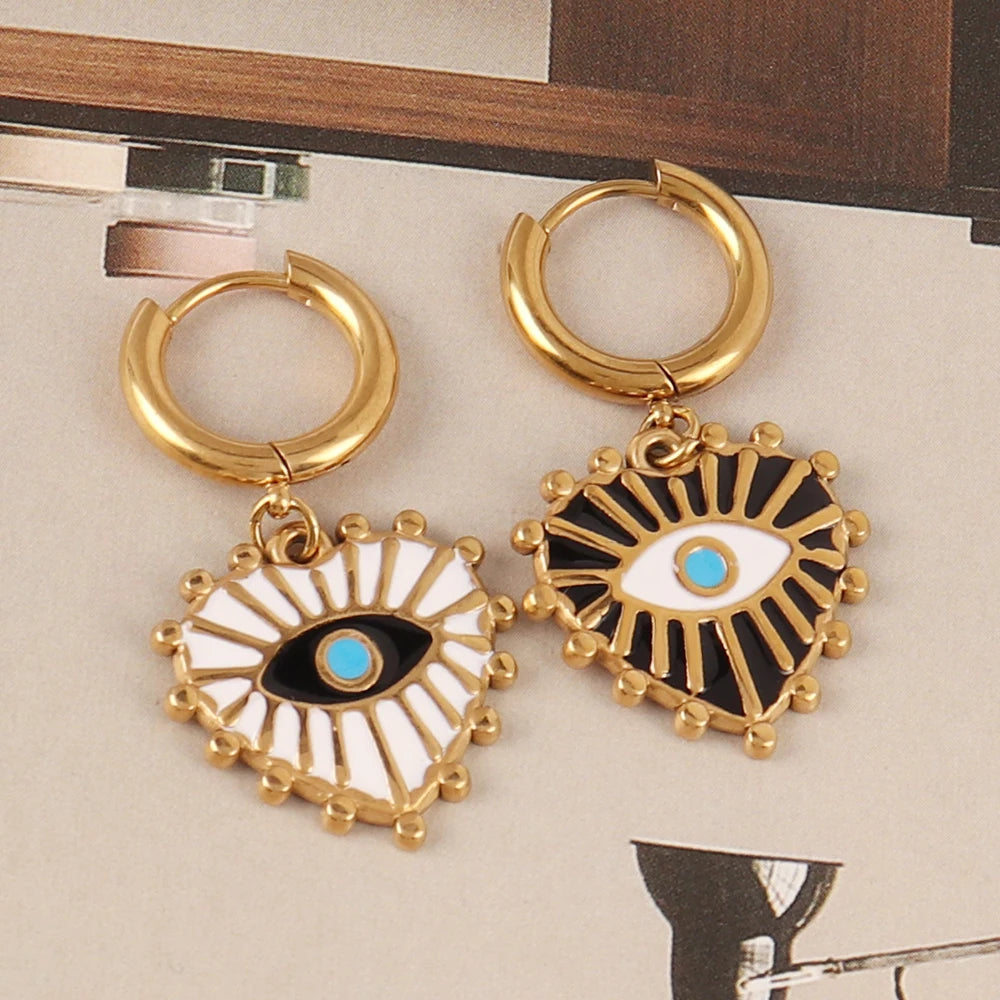 Vintage 316L Stainless Steel Turkish Evil Eye Hoops Earrings Huggie Drop Heart Pendant Earrings For Women Daily Jewelry Gifts