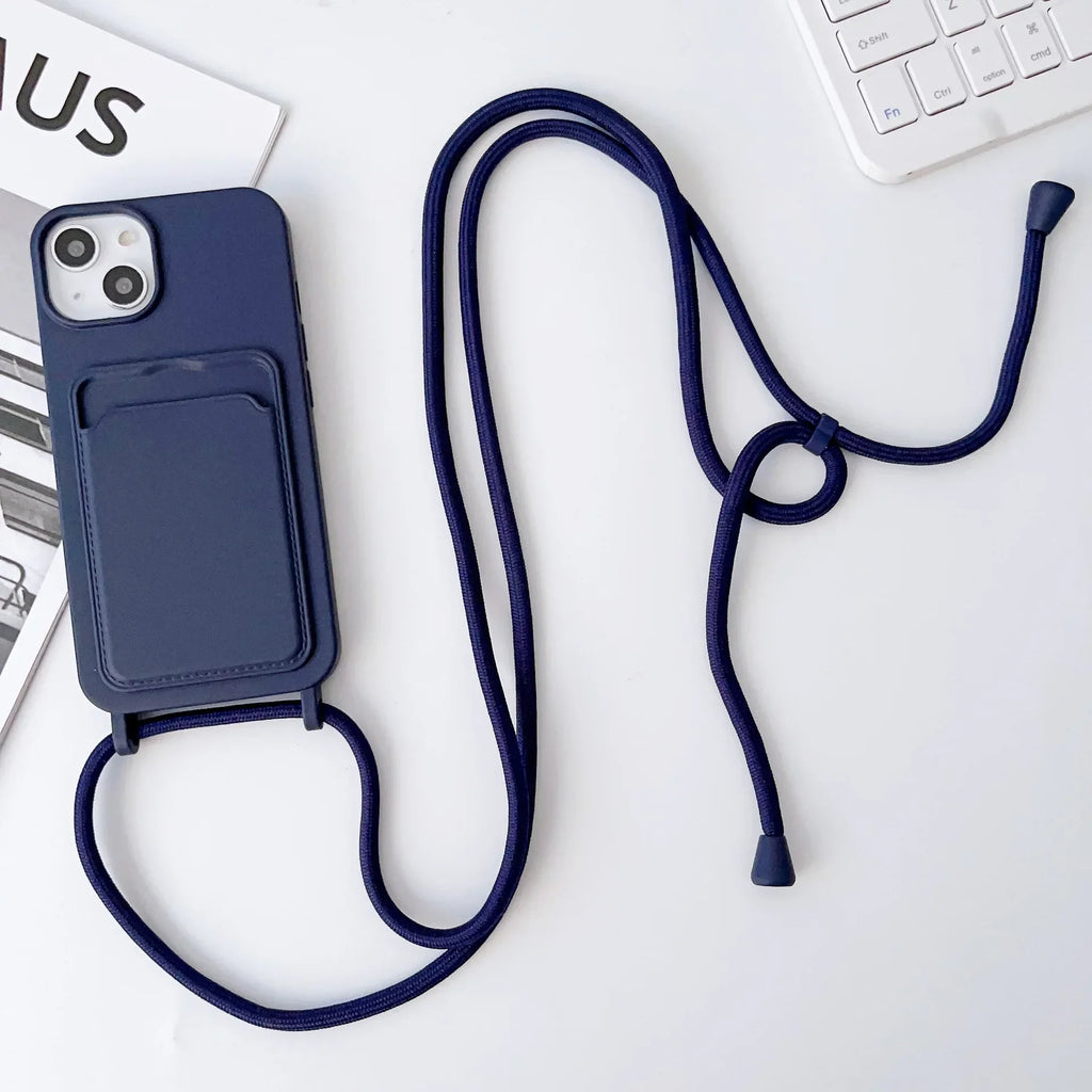 Crossboby Lanyard Rope Phone Case with Card Holder For iPhone 17 16 E 15 14 13 12 11 Pro Max Necklace Strap Soft Silicone Cover