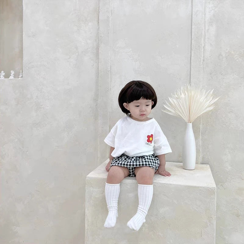 Cute Floral Pattern Baby Girl's Short Sleeve Suit Summer Clothing Children's T-shirts Plaid Shorts Kids 2 Piece Set Girl Clothes