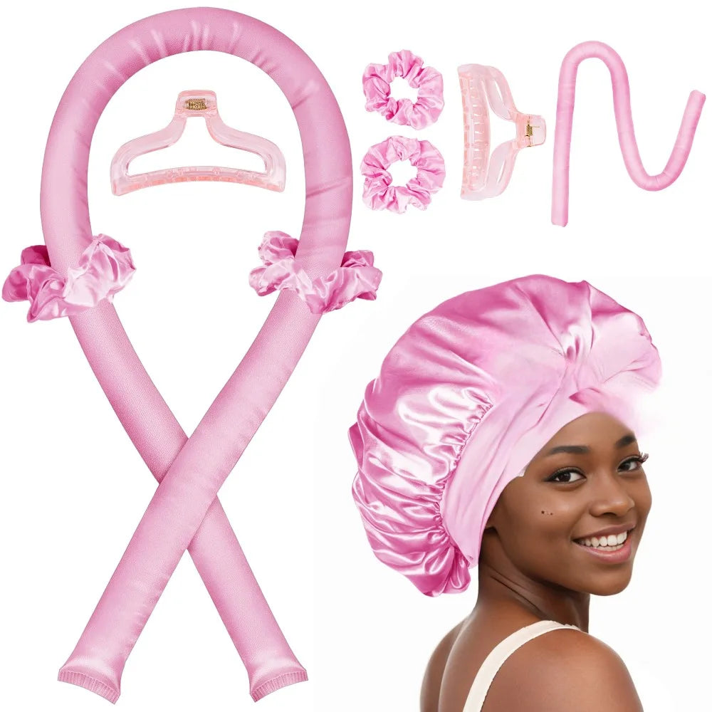 6Pcs No-Heat Hair Curling and Comb Set Satin Bonnet Cushion Hair Brush Overnight Wave Maker Hair Care Kit Styling accessories