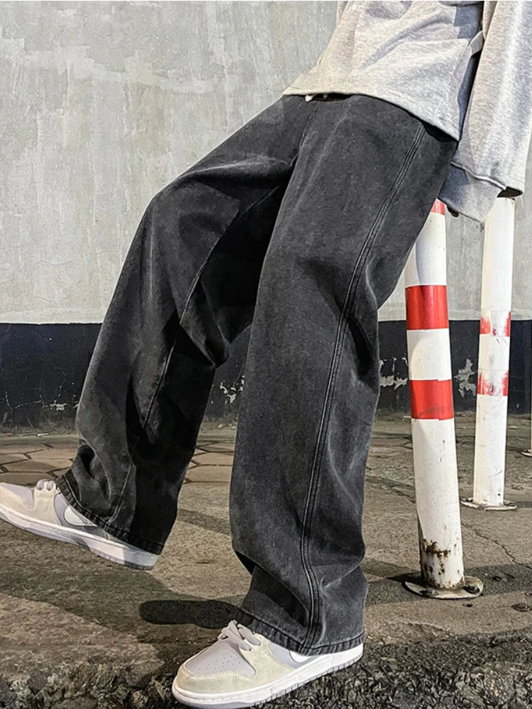 Korean Fashion Men's Baggy Jeans Elastic Waist  Classic olid Color Straight-leg Denim Wide-leg Pants Male Light Blue Grey Black