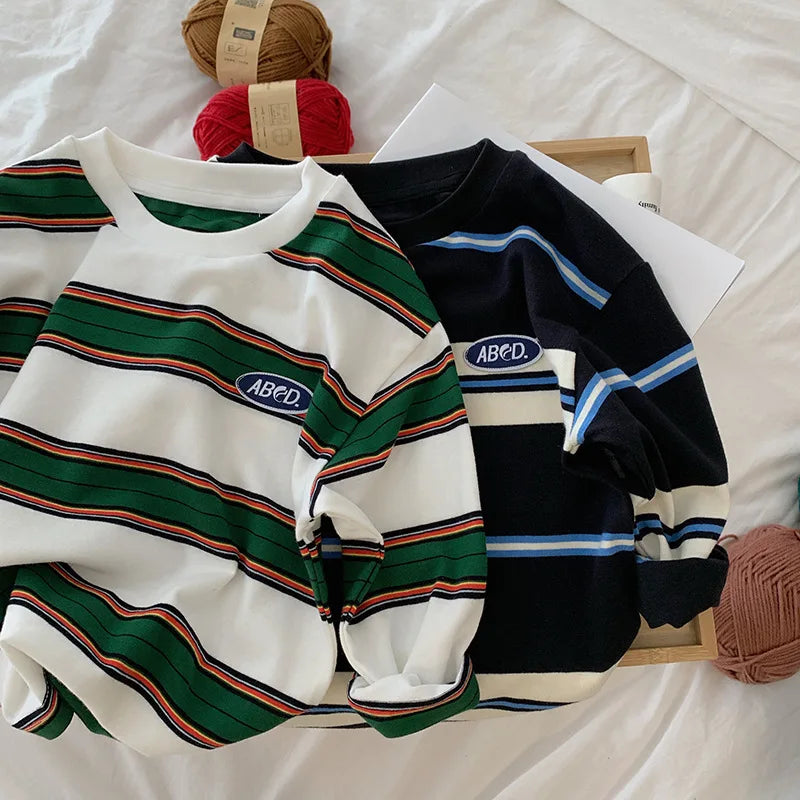 2025 autumn Children Clothes Girls Long Sleeves Bottoming Shirts Cool Boys Stripe Cotton T-shirt Teen Loose Casual 2-7y Kids Top