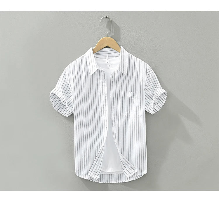 Green Striped Short Sleeve Shirts for Men Casual Turn-down Collar Tops Man Summer New Fashion Button Up Shirt Clothing