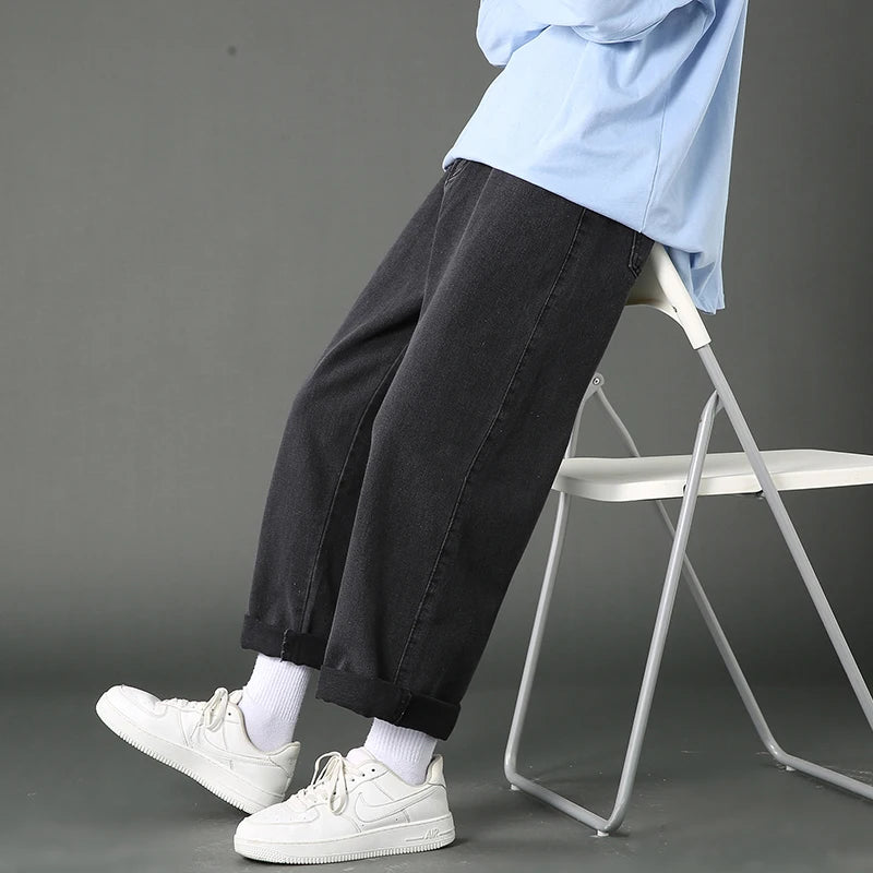 New Street Casual Baggy Jeans Men's Korean Fashion Hip Hop Straight Wide Leg  Trousers Couple Denim Pants Black Light Blue