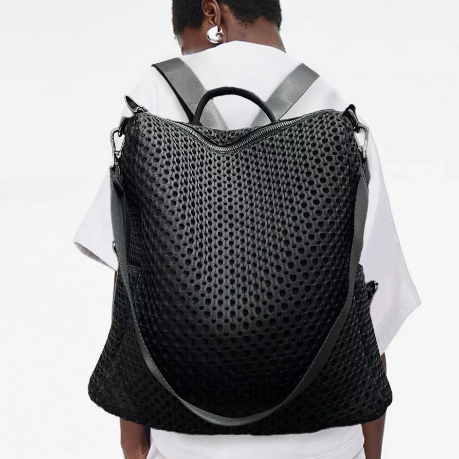 Mochila retro com costuras, moderna e de grande capacidade, saco de ombro casual em rede, ideal para as deslocações diárias