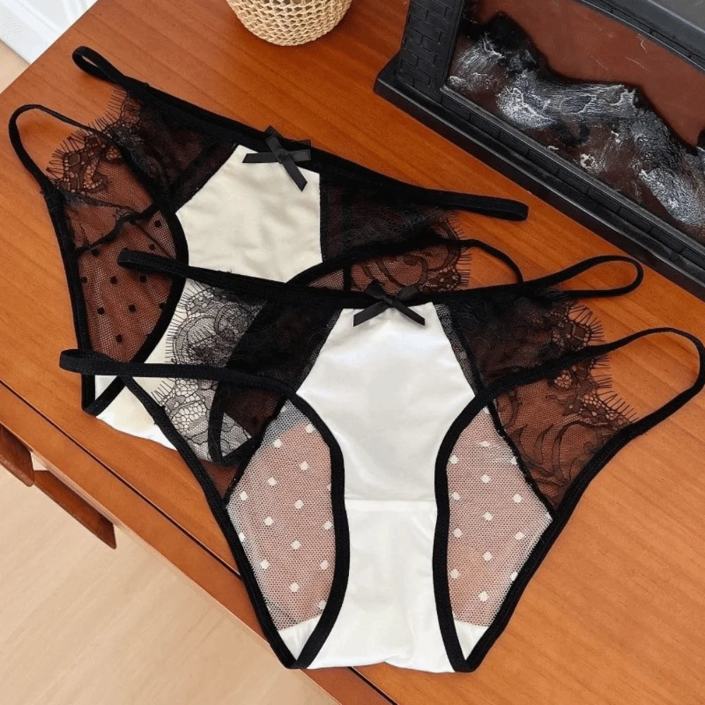 Cute Low Waist Underwear for Women Bow Transparent Sweet Lace Panties Hollow Mesh Satin Silk Briefs Female