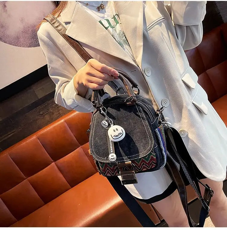 Denim Small Backpack  New Contrast Color Women Bag Retro Ethnic Style Embroidered Multifunctional Bagpack Crossbody Bolsa