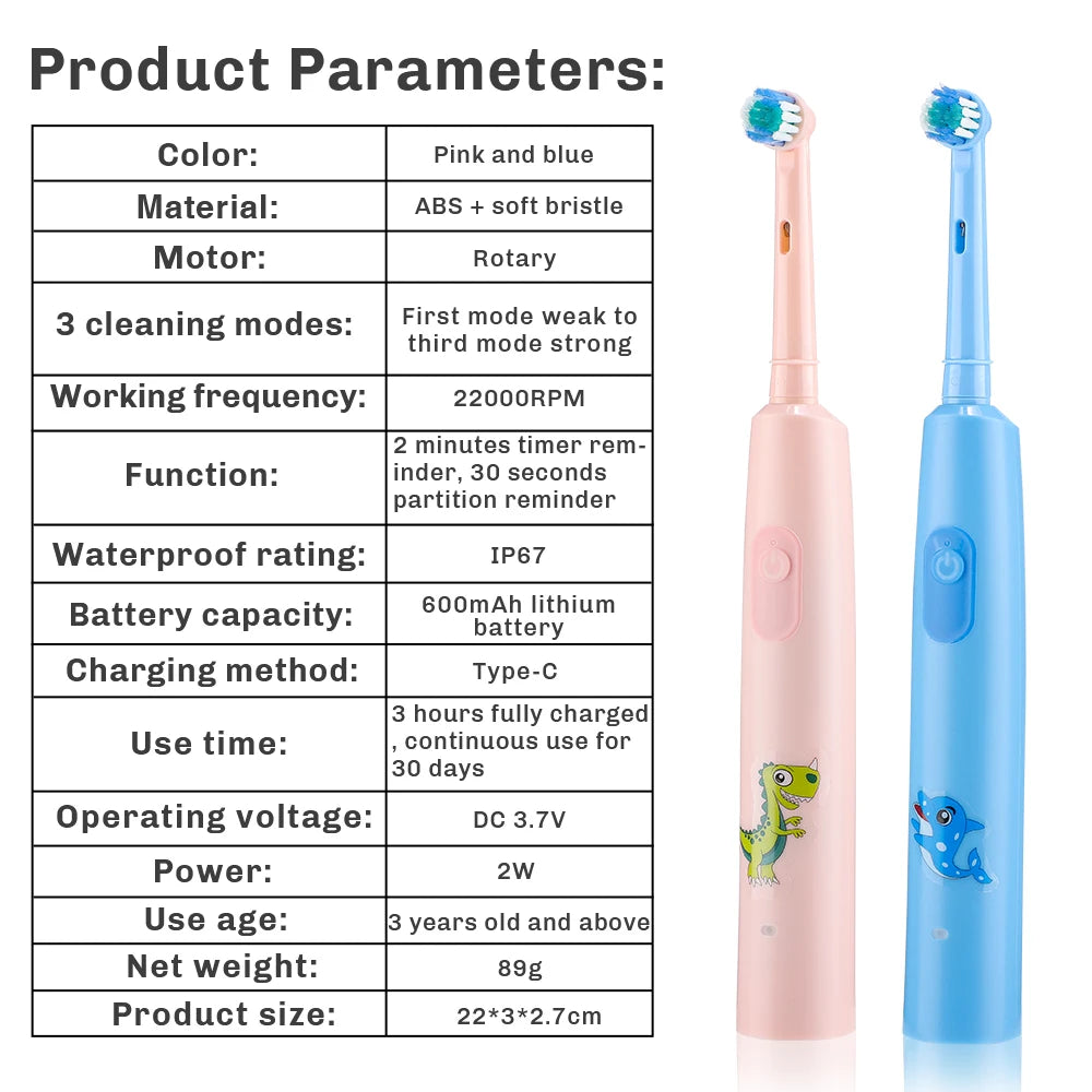 Smart Electric CleaningToothbrush For Children 4Pcs Brush Heads Round Rotating  3 Cleaning Modes Soft Bristles Teeth Brush