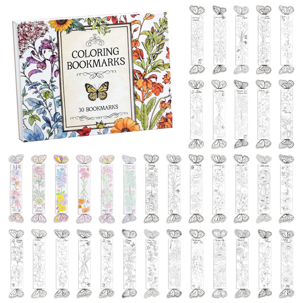 30Pcs Floral Coloring Paper Bookmarks, Foldable Butterfly Shape Coloring Book Markers, Gifts for Adults Students Reading Lover