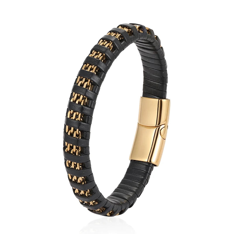 New Fashion 8mm Chain Curb Cuban Link Charm Leather Bracelets Men Stainless Steel Magnet Clasp Hand Bracelet Homme Men's Gifts