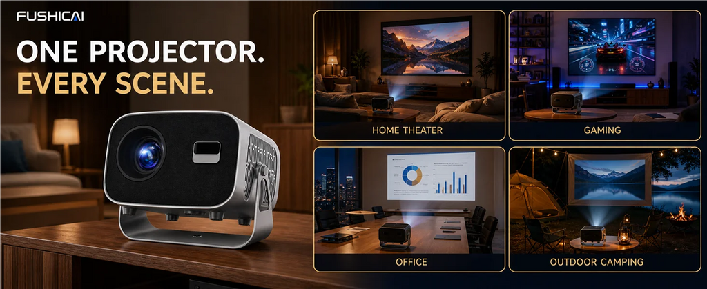 FUSHCAI Outdoor Projector A10 Portable Mini Projector with 360° Rotation 900 ANSI Native 720P 4K Compatible Auto Focus BT 5.4