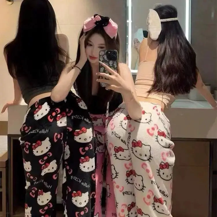Sanrio Hello Kitty Soft Flannel Wide Leg Pajama Pants Printed Casual Home Loungewear For Women Daily Sleeping Relaxing Wear