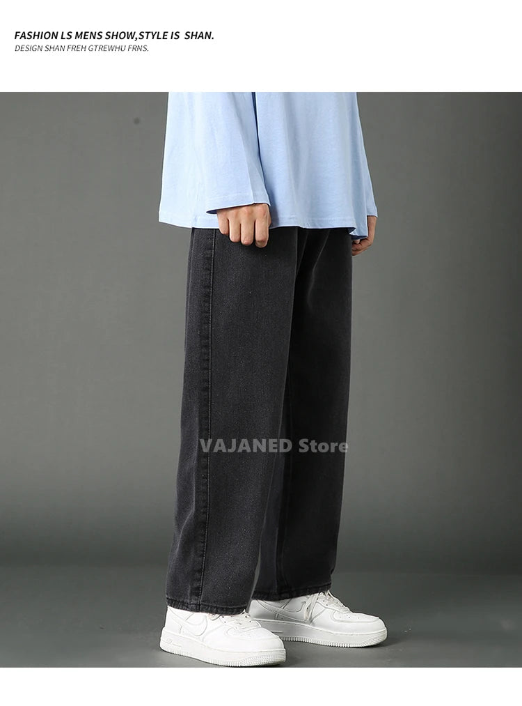 New Street Casual Baggy Jeans Men's Korean Fashion Hip Hop Straight Wide Leg  Trousers Couple Denim Pants Black Light Blue