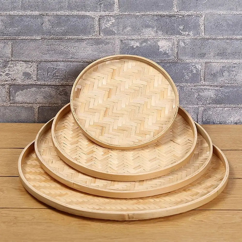 4 Size Hand-woven Bamboo Sieve Hand-painted Bamboo Raft Round Dustpan DIY Decorative Fruit Bread Basket Kitchen Storage Tray
