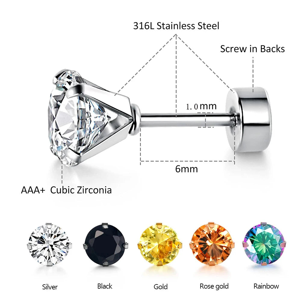 Pack of 1 Pair/5 Pairs Titanium Stainless Steel Screw Flat Back Cubic Zirconia Stud Earrings Set for Men Women 2/3/4/5/6/7/8mm