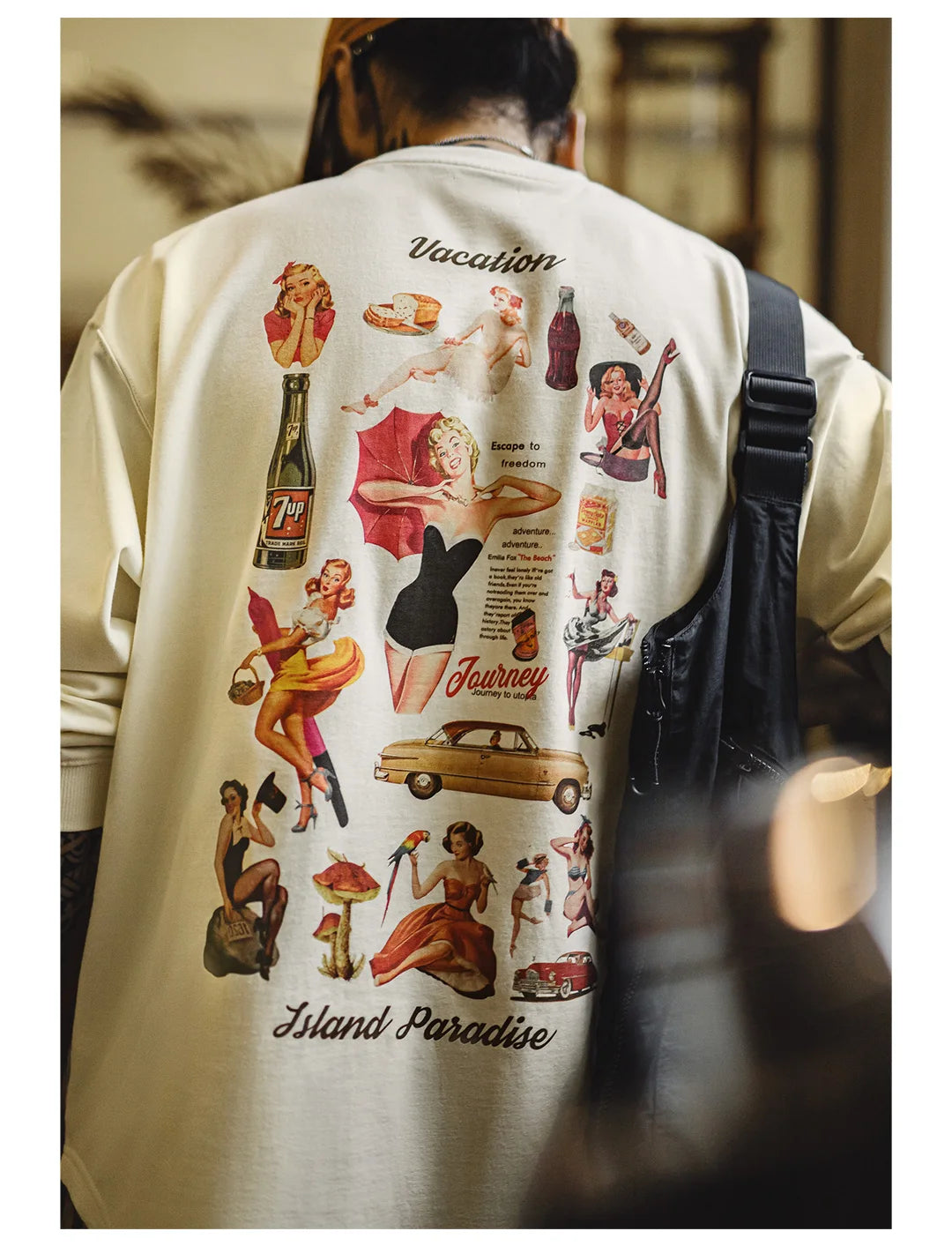 Maden Vintage Back-Printed Long-Sleeve T-Shirt Loose Casual Round-Neck Pullover for Men's Spring and Fall 60's Street-Style Tops