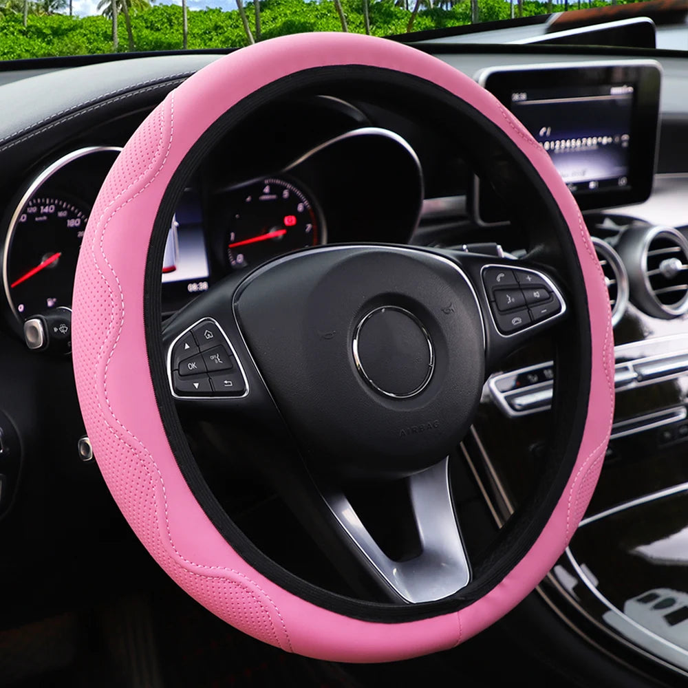 Women's PU Leather Corrugated Steering Wheel Cover 37-38cm Rimless Comfortable Car Accessory for All Seasons