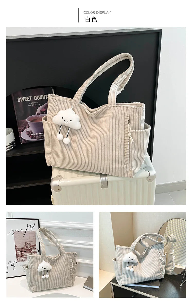 Corduroy Women Bag Fashionable Large Capacity Handbag Shoulder Bag Versatile Artistic Retro Student Class Bag with Zipper Pocket