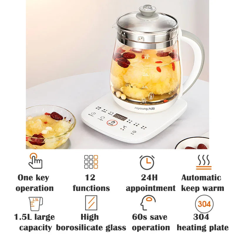 220V Jiuyang Health Pot Multi-Functional Flower Teapot Glass Stew Tea Pot 1.5L Portable Mini Multi Cooker Tea Dessert Cooker