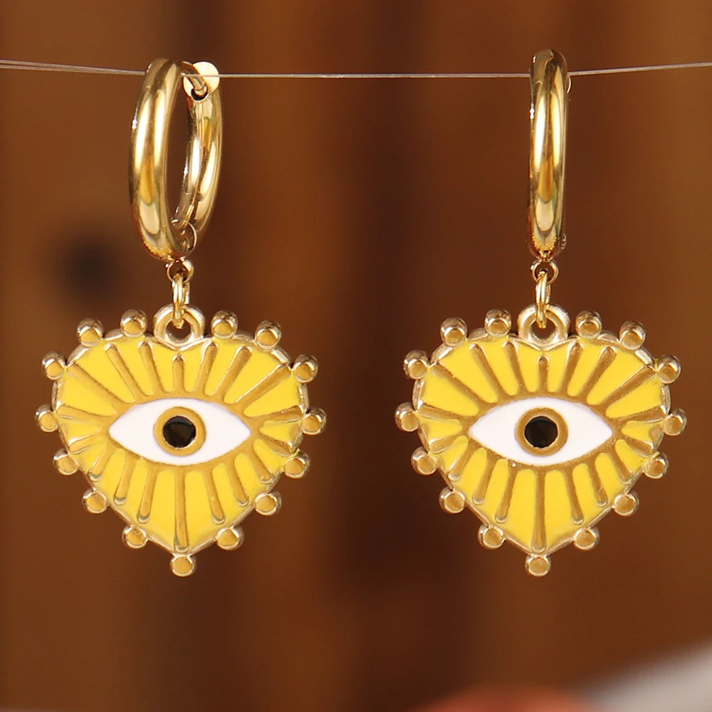 Vintage 316L Stainless Steel Turkish Evil Eye Hoops Earrings Huggie Drop Heart Pendant Earrings For Women Daily Jewelry Gifts