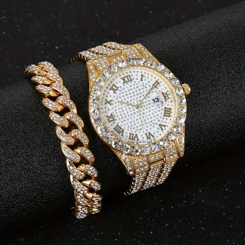 2 pieces/set of luxury men's hip-hop watches, adorned with sparkling artificial diamonds and Cuban chain bracelets