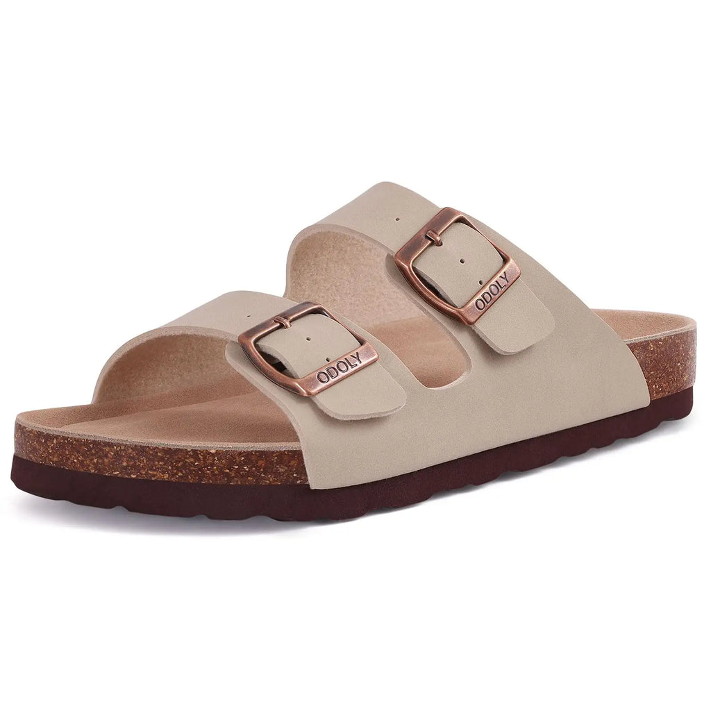 Kidmi Men's Cork Footbed Slide Sandal Slip On Sandals  Women Cork Sandals Nonslip Beach Sandals Female Adjustable Buckle Slides
