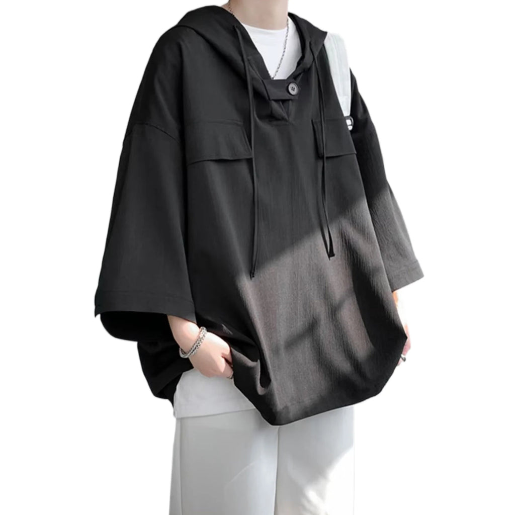 Summer Hooded T shirt Men Korean Half Sleeve Pullover Streetwear Loose T-shirt Tops Drawstring Men Clothing