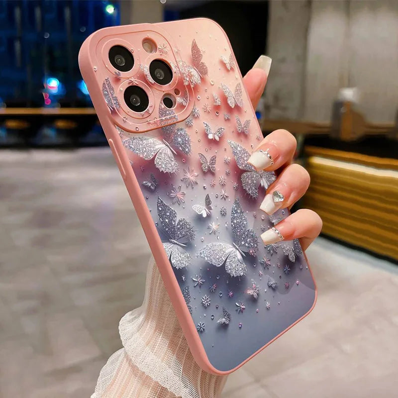 Butterfly & Floral Design Shockproof Phone Case for iPhone 7 8 16 15 16E XR XS X Plus 16 15 14 12 13 11 Pro Max SE2 Matte Cover