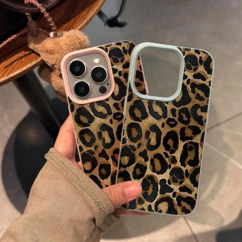 INS Brown Leopard Print Y2K Phone Case For iPhone 16 15 14 13 12 11 Pro Max Plus X XR XSMax Soft TPU Imitation Leather Cover